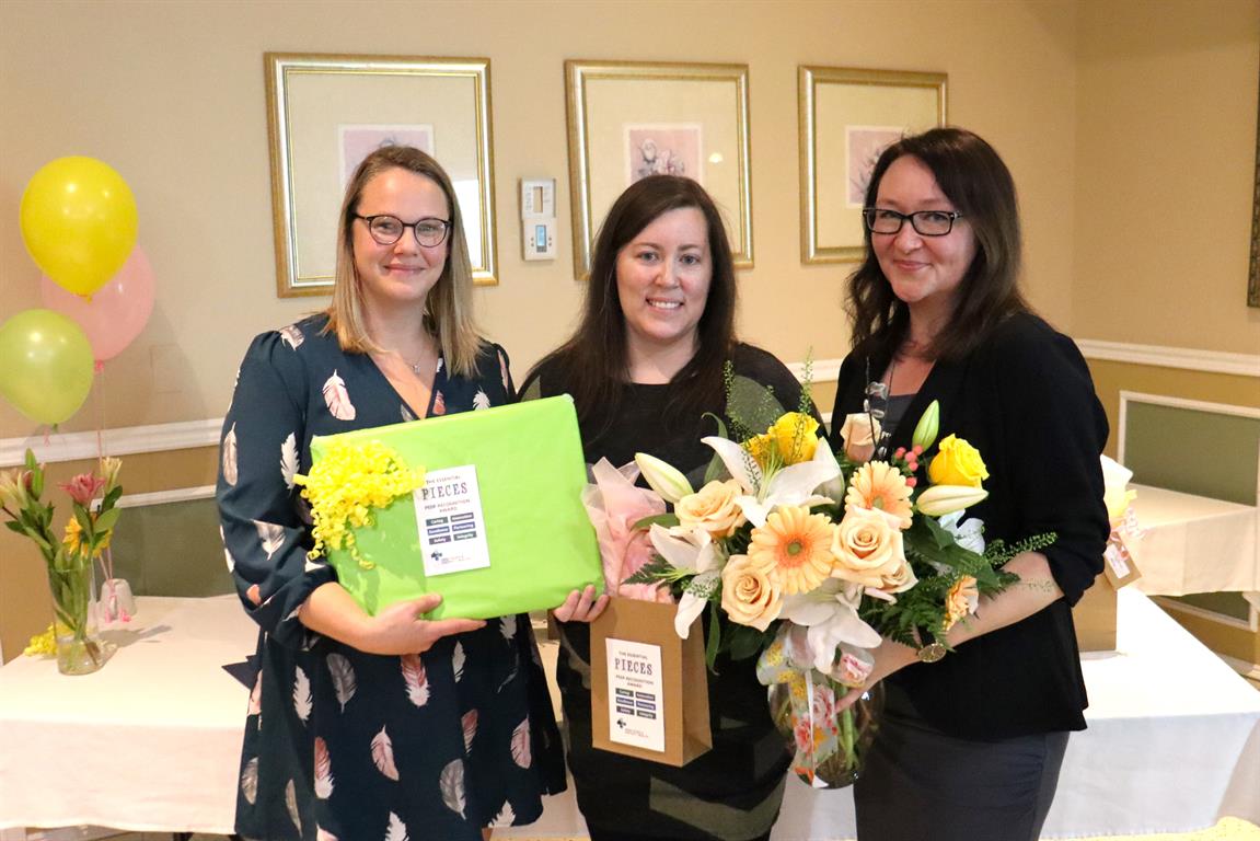 Registered Nurse Michelle (middle) was presented with the 2024 Essential Pieces Award from Madison Magne, Manager of Clinical Services for Acute Care, (left) and Janna Hotson, President and CEO, (right) at Deep River & District Health’s Springtime Social 